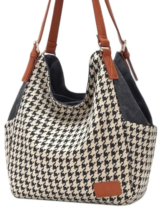 Black & Cream Houndstooth Shoulder Tote with Brown Leather Straps NWT - Picture 2 of 6